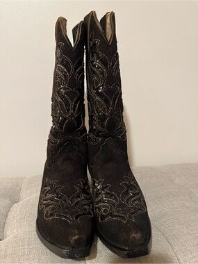 Embellished Women's Dark Brown Suede Western Heeled Boots